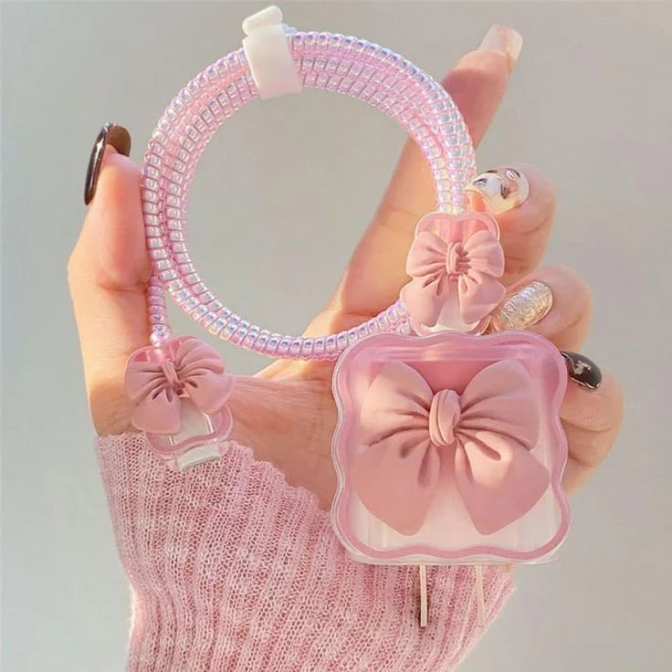 3D Cute Heart Pattern for i Phone Charger only 18W & 20W, Data Line Wire Saver Charging Cable Charger Protective Cable,Full Protection Cover 5 in 1- Purple-Bow